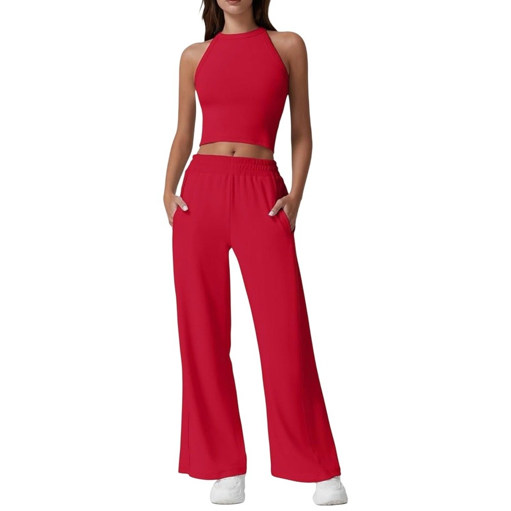 QINSEN Womens Red 2 Piece Ribbed Knit Lounge‎ Set Crop Tank Top Wide Leg Pants S